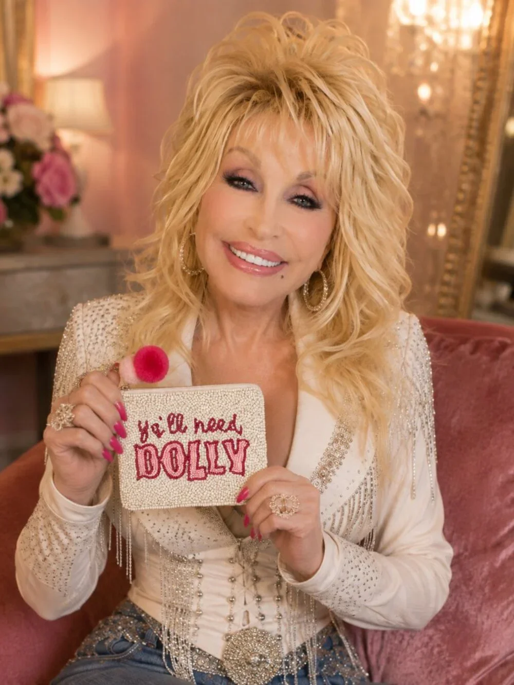 NEW DOLLY PARTON Seed Beaded Larger Style Pom-Pom Zipper Makeup Money Pouch